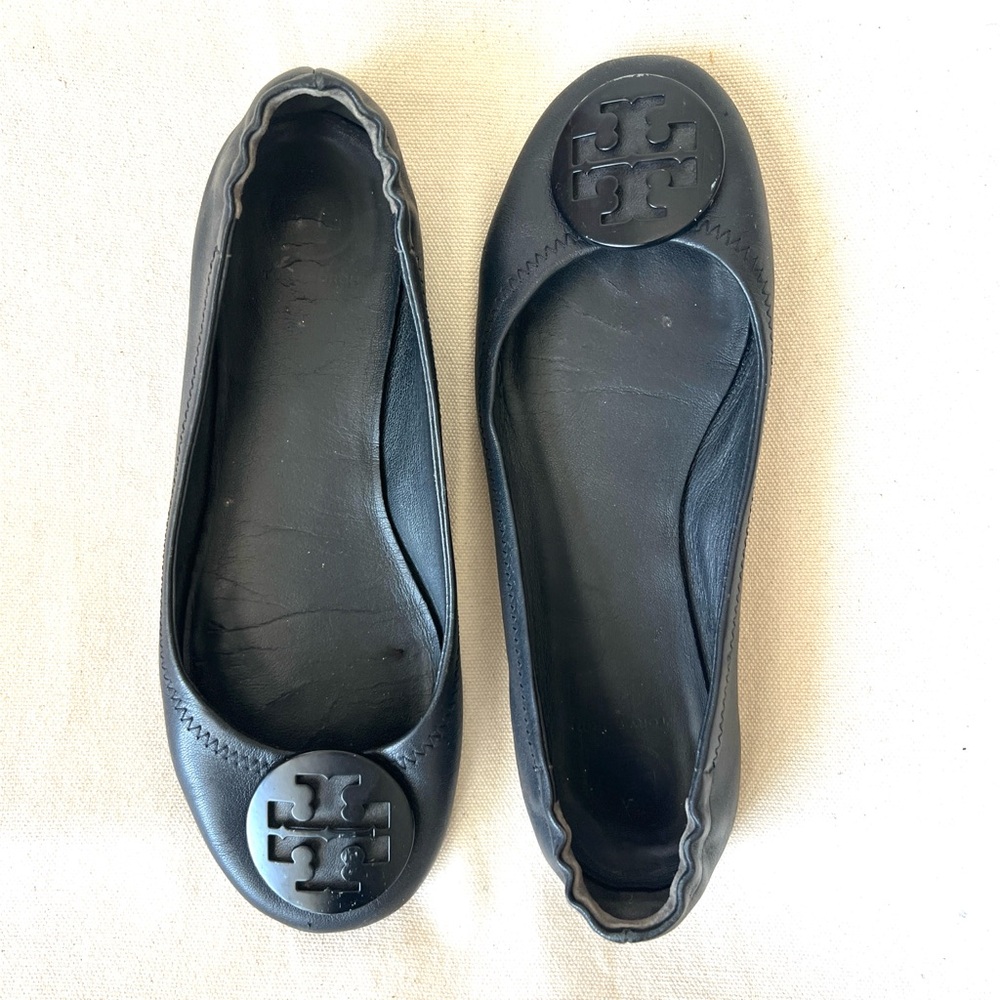 Tory Burch Black Leather Logo Ballet Flats